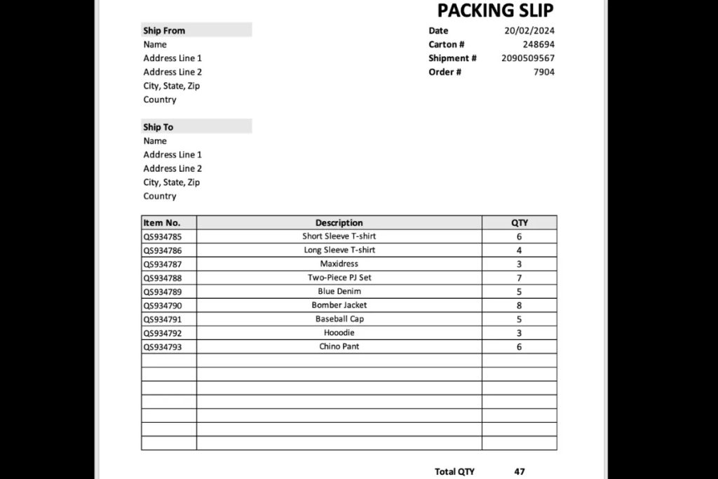 نمونه پکینگ لیست